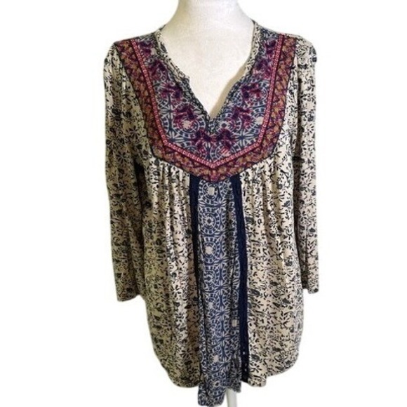 Lucky Brand Boho Embroidered Floral Tunic Top Rayon Medium - Picture 2 of 11